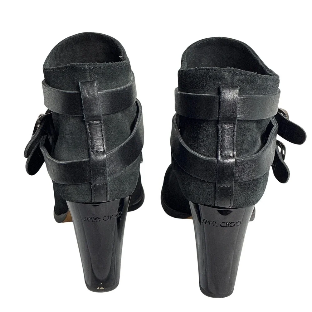 Jimmy Choo Black Suede Metallic Wrap Buckle Ankle Boots Block Heel‎ Italy 37.5